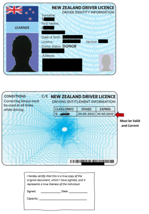 Example of NZ drivers licence