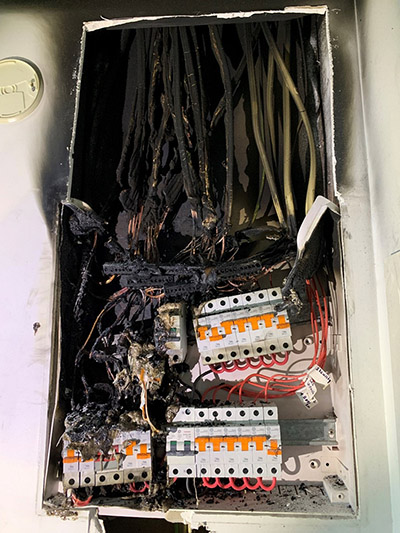 Photograph of the burnt main MEN switchboard. 