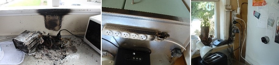 A picture showing examples of overloaded or burned out power boards resulting in fire..