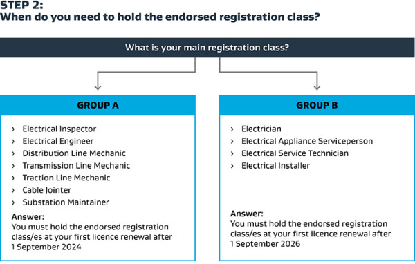 A flowchart titled “STEP 2: When do you need to hold the endorsed registration class?” Below the title, a dark blue banner asks: “What is your main registration class?” Two columns are shown: Left column (Group A) in a blue box lists: Electrical Inspector, Electrical Engineer, Distribution Line Mechanic, Transmission Line Mechanic, Traction Line Mechanic, Cable Jointer, Substation Maintainer. Below the list, bold text reads: “Answer: You must hold the endorsed registration class/es at your first licence renewal after 1 September 2024.” Right column (Group B) in a teal box lists: Electrician, Electrical Appliance Serviceperson, Electrical Service Technician, Electrical Installer. Below the list, bold text reads: “Answer: You must hold the endorsed registration class/es at your first licence renewal after 1 September 2026.”
